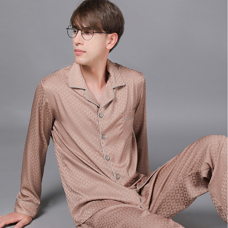 2024 long-sleeved men's spring and autumn pajamas silk thin men's ice silk home wear suit artificial silk wholesale
