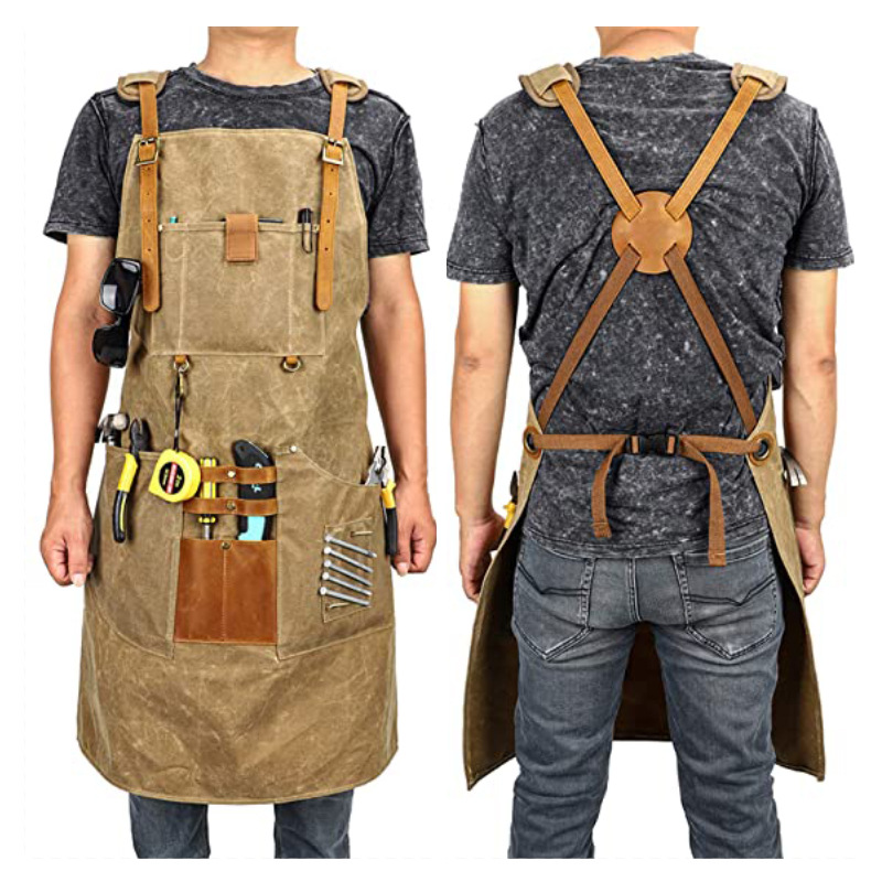 亞馬遜跨境圍裙帆布圍裙多功能口袋圍裙理髮師木工工作服客制logo