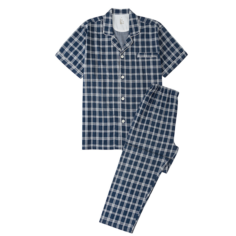 Strictly Selected Muji Pure Cotton Pajamas suit Women's Summer Products Double-layer Yarn Seamless Short-sleeved Pajamas Couple's Trousers Home Clothes