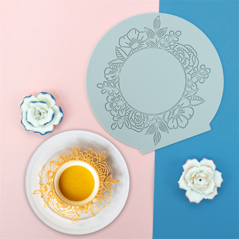 Round wreath flip sugar lace pad hollow floral coral pendulum silicone mold molecular cuisine printing pad