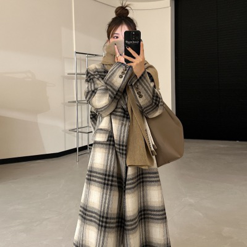 Manteau double face à carreaux coréens de haute qualité en laine longue pour femme, épais, automne et hiver_voghion.com