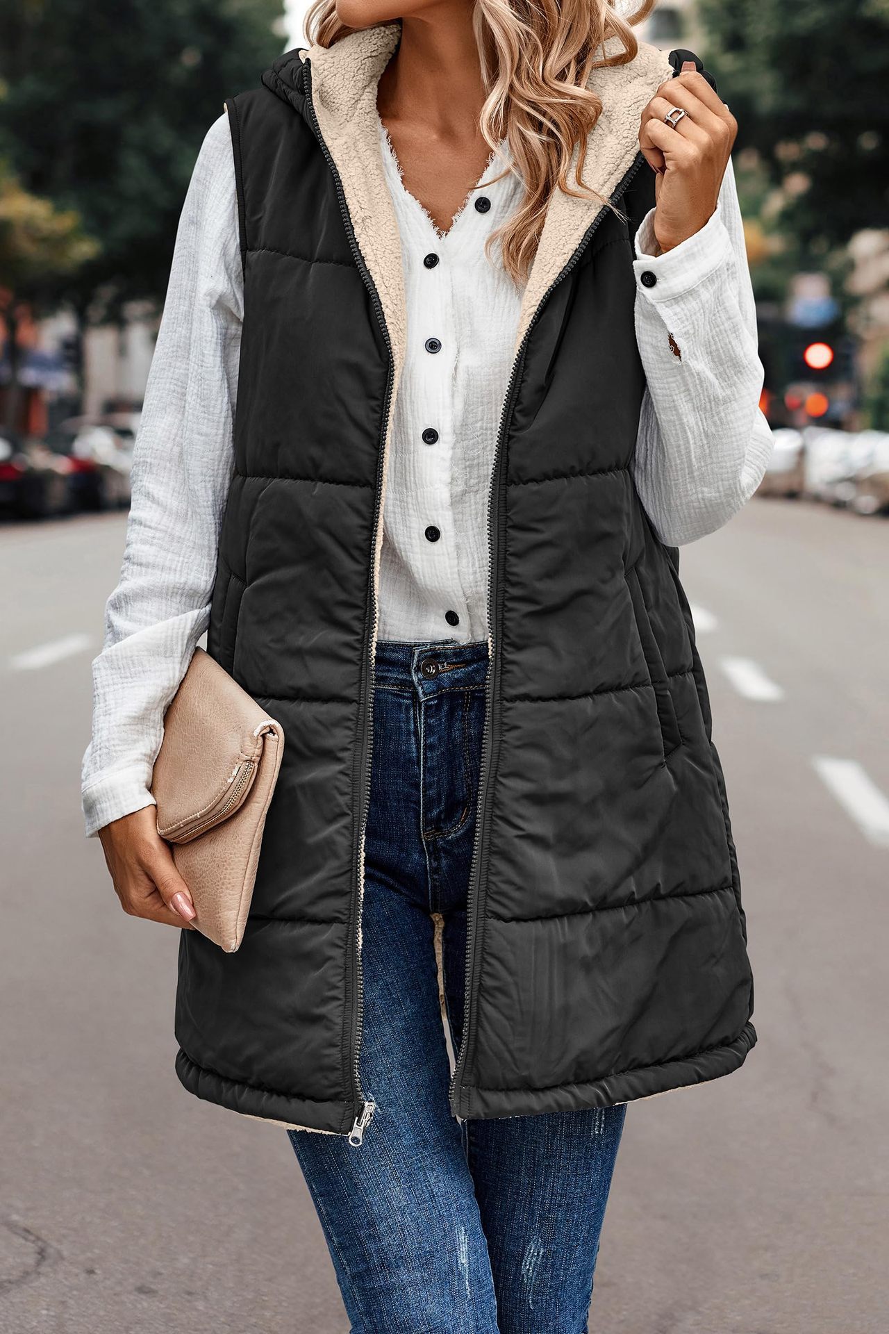 In stock 2023 new European and American solid color hooded cotton-padded vest double-sided warm cardigan windproof coat_voghion.com