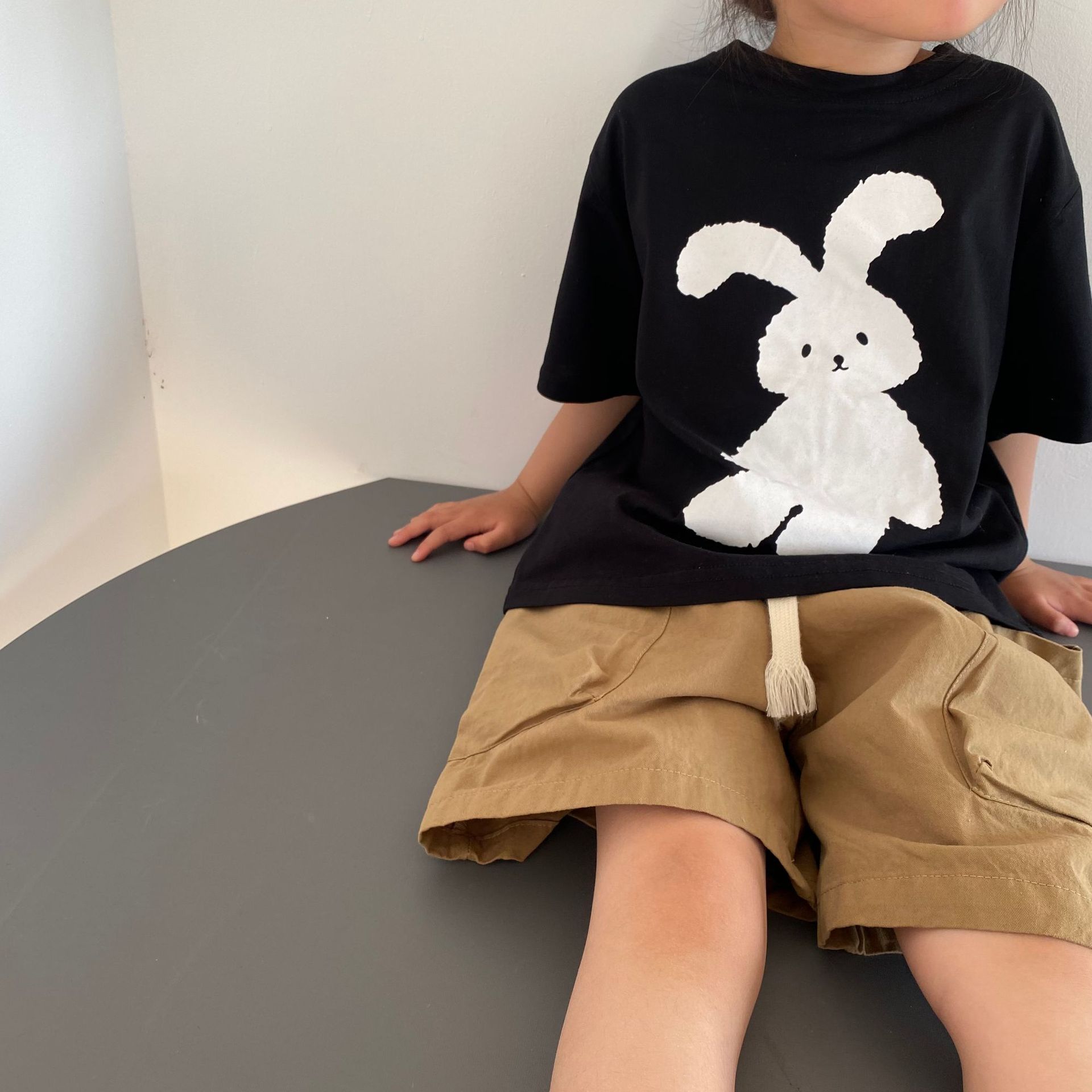 GL-kids Korean style summer new children's Rabbit printed short-sleeved T-shirt boys and girls casual washed cartoon T fashion