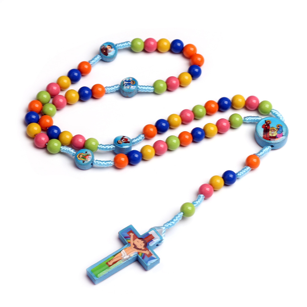[Spot] children's colorful rosary necklace color beaded cartoon cross Amazon cross-border jewelry wholesale