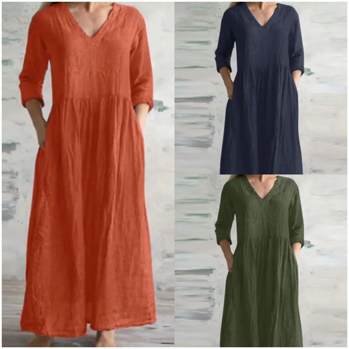 2023 foreign trade dress V-neck women's cross-border Women's cotton and linen dress pocket V-neck half sleeve pleated dress women
