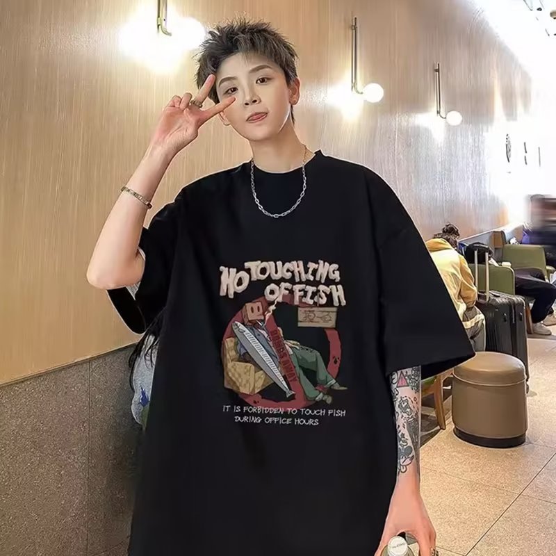  summer new Hong Kong style retro printed short-sleeved T-shirt ins trendy men's oversize loose bottoming shirt