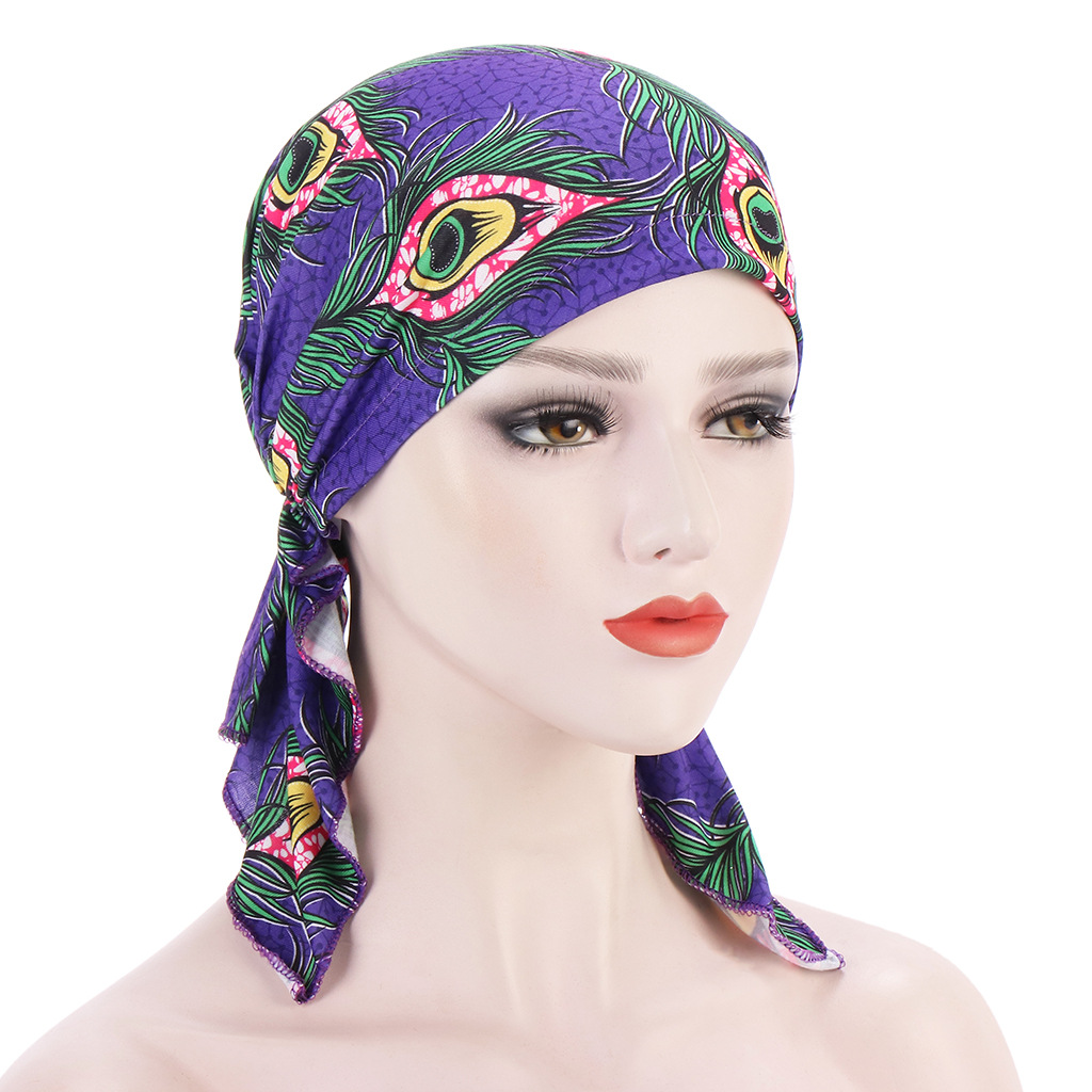 Europe and the United States new flower cloth curved cashew feather head cap two-horn cap elastic Muslim turban cap