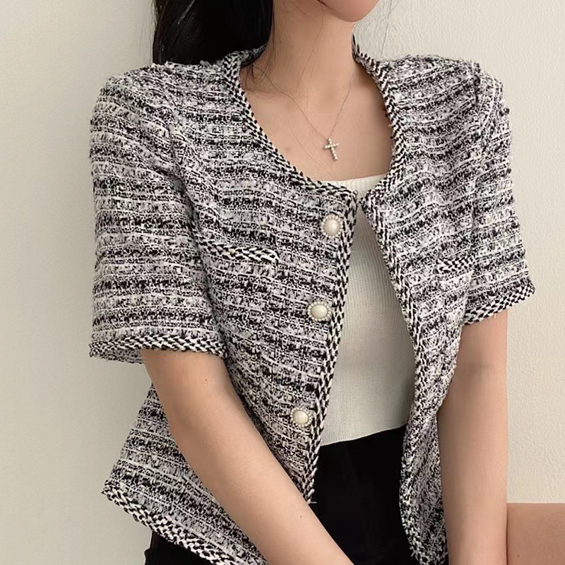 Koreanesche Chic Summer Einfach Elegant Ronn Ausschnëtt Locker Kant Perl Eenzelknäppt Duebeltasch Tweed Kuerzmantel_voghion.com