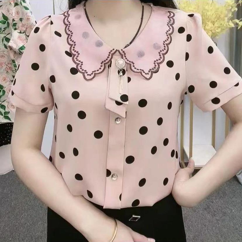 2024 Summer new small floral chiffon shirt women's summer design top doll collar short sleeve floral shirt