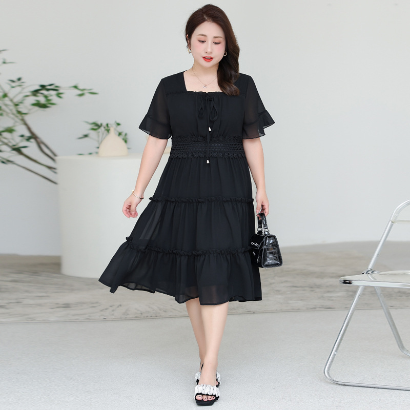 Chiffon Dress Women's Summer 2023 New Large Size Slim-fit Tight Waist Slimming Elegant Black Summer Skirt 8530