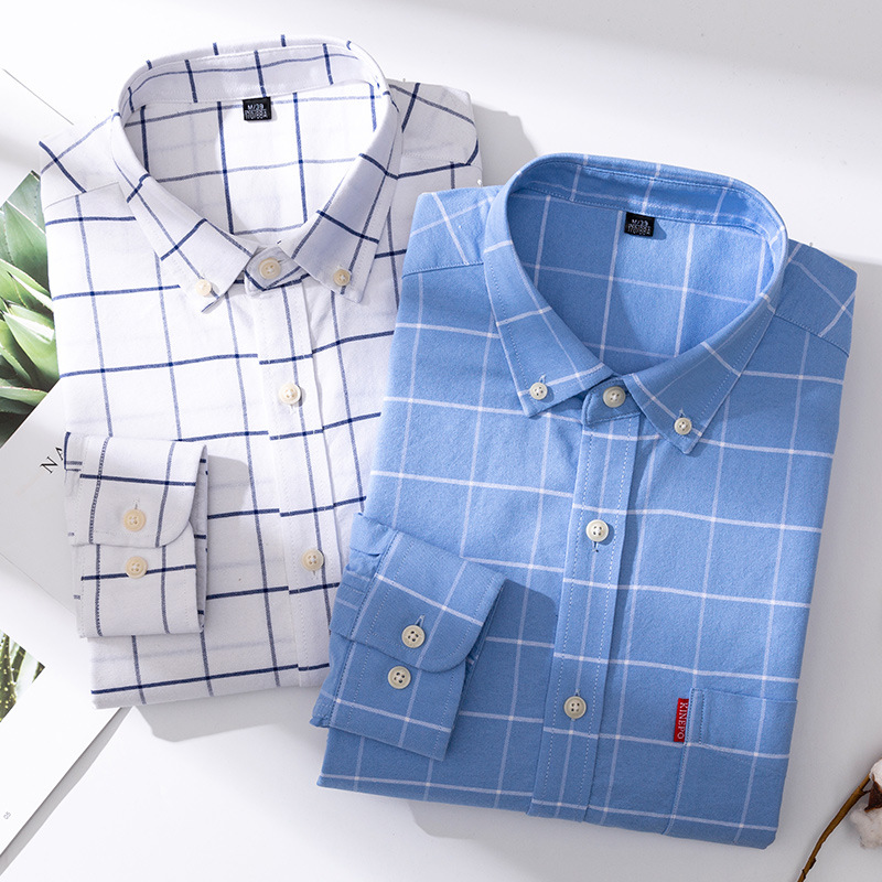 New Style All Cotton Long Sleeve Casual Plaid Pure Cotton Oxford Spinning Shirt Men's Business Stripe Korean Style Slim-fit Non-ironing Shirt