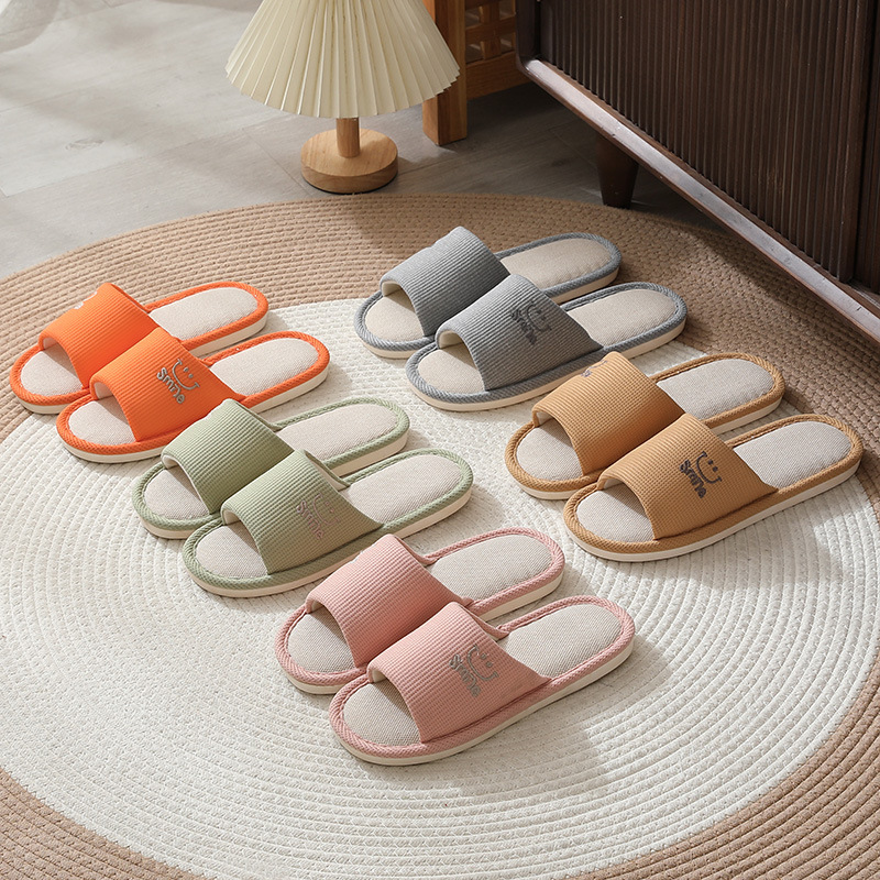 Linen slippers men's summer home indoor embroidery smiley face office Four Seasons cotton linen slippers men's home mute