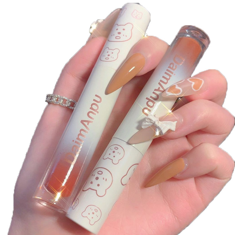 Cute Pike Bear Ryukyu Mirror Lip Glaze Doodle Lip Lipstick Female Student Lip Gloss Lip Honey White Pseudo Plain