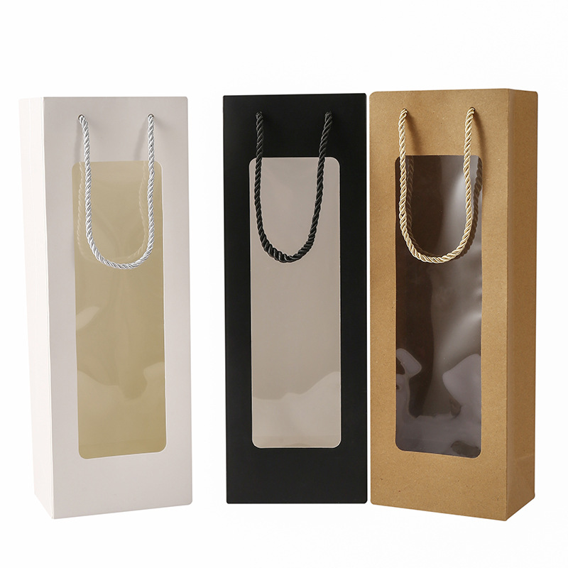 In stock discount red wine bag paper bag long handbag open window transparent PVC gift bag flower bouquet packaging bag