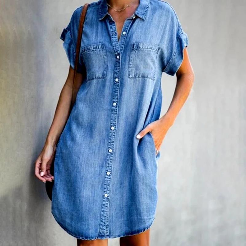 Independent Station Amazon 2023 Cross-border New European and American Lapel Short-sleeved Slim-fit Dress Denim Shirt Dress for Women
