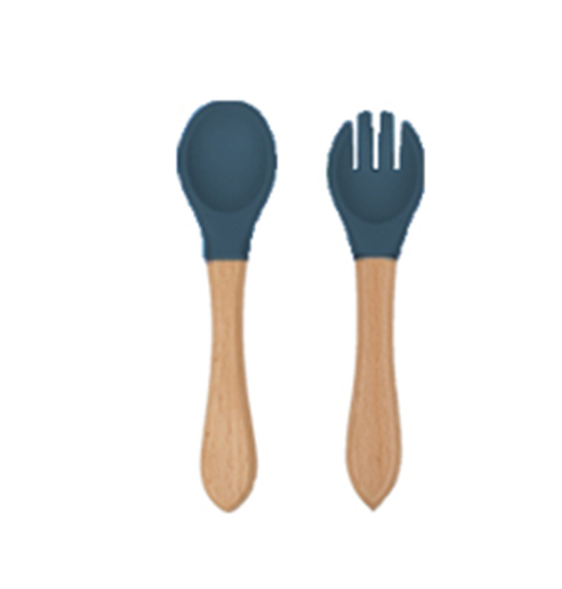 Navy blue-wooden handle silicone fork spoon