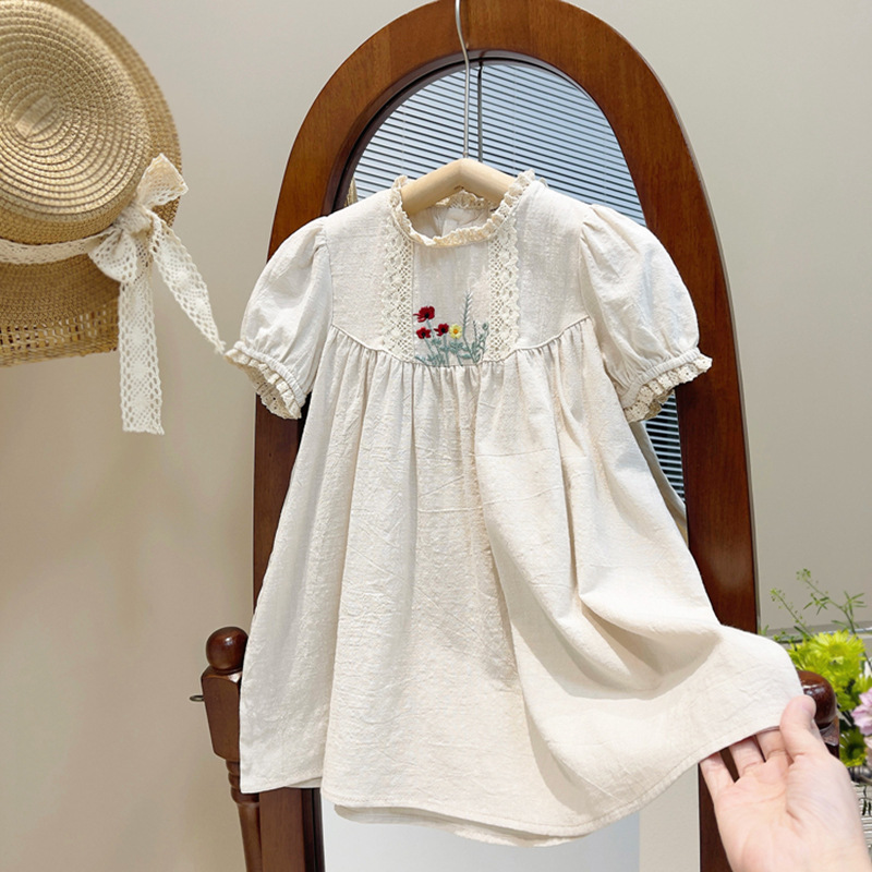 Korean style girls cotton and linen dress summer short-sleeved flower embroidery foreign style loose princess dress for children trendy generation