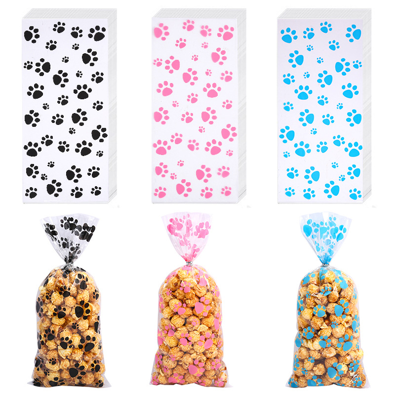 Cartoon dog paw print transparent opp bag plastic candy biscuit dessert packaging bag flat tie silk sealing bag