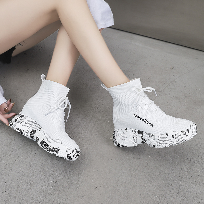Flying Woven Stretch White Shoes Women's 2021 Spring and Autumn New Style Newspaper-soled High-top Shoes High Heel Loaf Socks Trendy Shoes