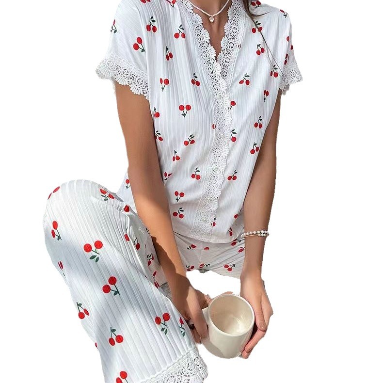 European and American Cross-border Hot-selling Home Clothes Cherry Printed Long-sleeved Lapel Pajamas Women's Outer Wearing Pants Two-piece suit