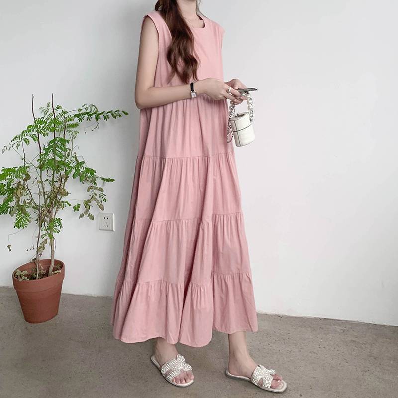 2024 Stitching Pullover Solid Color Long Dress Sleeveless Commuter Round Neck dress