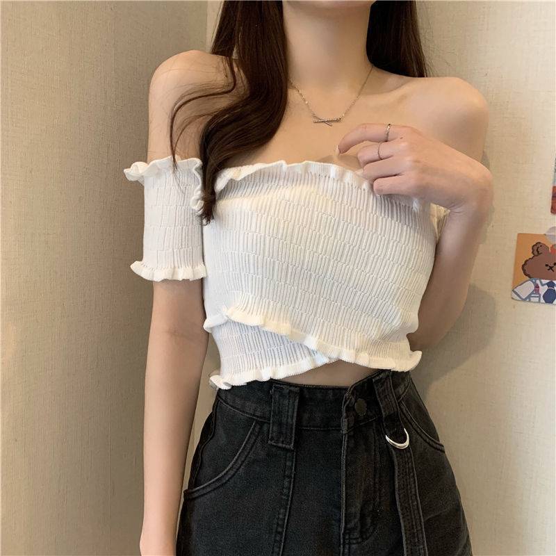 Off-shoulder cross-design thin wooden ear sexy hot girl off-shoulder short sleeve sweater women's spring and autumn women's bm