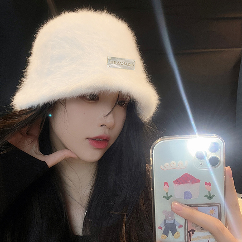 韓國鐵標兔毛漁夫帽子女秋冬顯臉小百搭保暖遮臉盆帽毛絨絨水桶帽