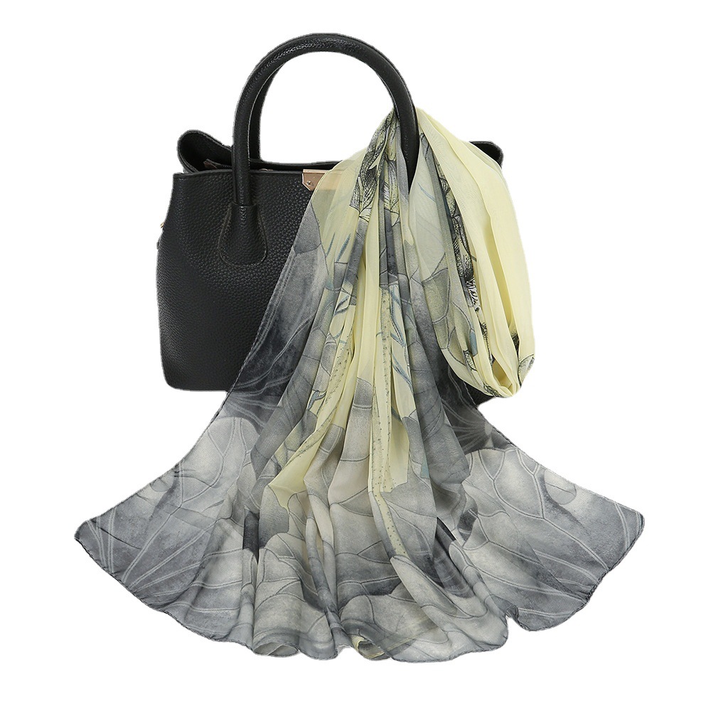24 New Lotus Pond Moonlight Printed Silk Scarf Thin Chiffon Sunscreen Scarf Travel Shawl Beach Towel Women XQ373