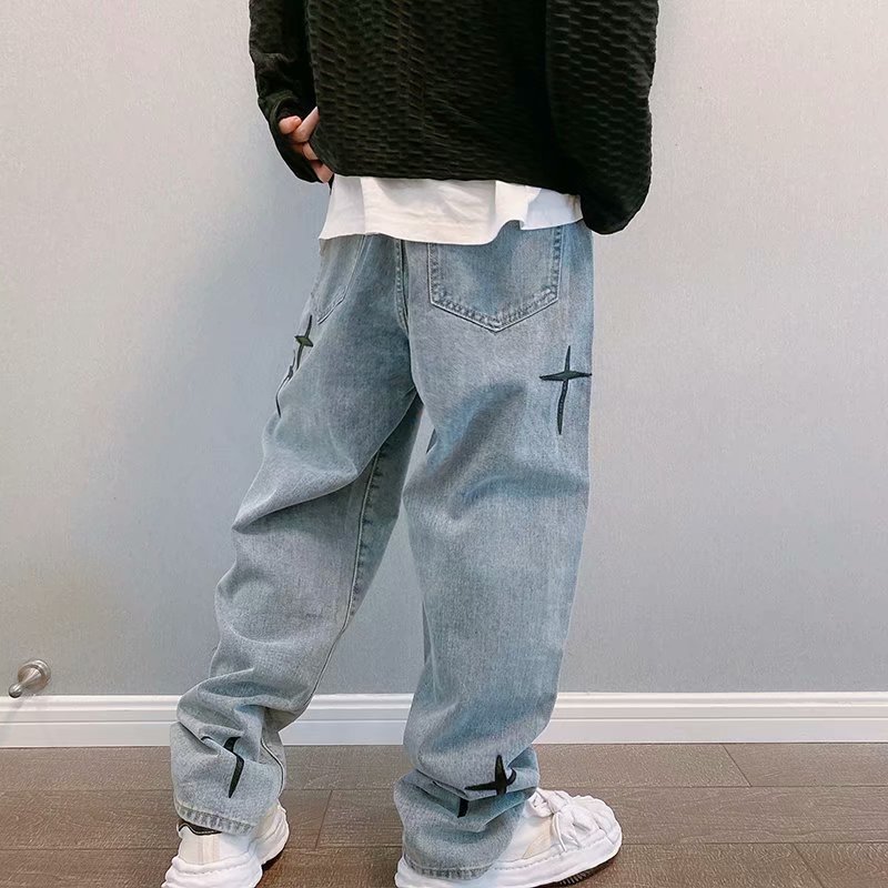 Jeans Men's Autumn Guochao High Street Cross Tape Embroidered Loose Straight Wide Tiniu ins Trendy Brand Long Pants
