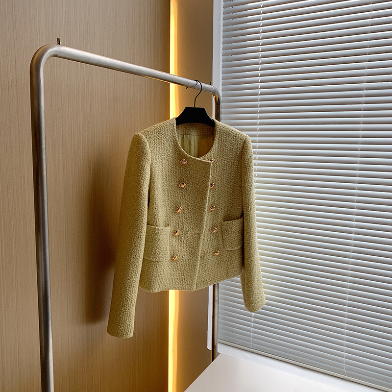 2023 Spring and Autumn New elegant socialite Chanel style double breasted coat women's round neck long sleeve tweed top women