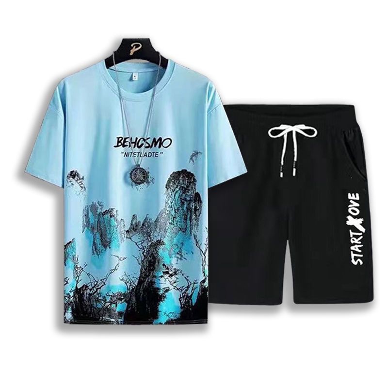 Summer Men's Fashion New Fashionable Brand Ice Silk Suit ins Casual Summer All-match Teenagers Men's Loose T-shirt