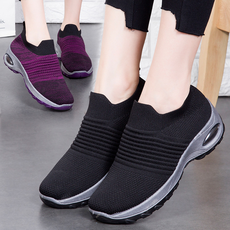 Large size foreign trade women's shoes air-cushion fly-woven sneakers one-step dance slip-ons casual women's shoes rocking shoes socks shoes