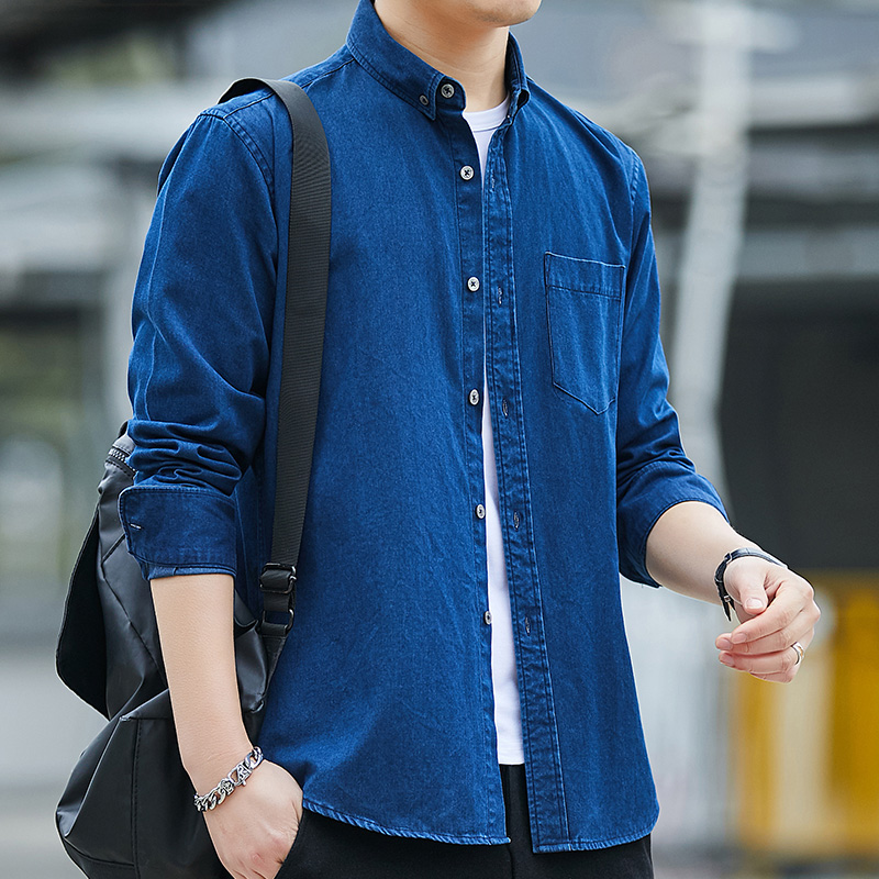 Spring Men's Denim Jacket Solid Color Shirt Korean Style Top Casual Thick Youth Loose Long Sleeve Large Size Shirt
