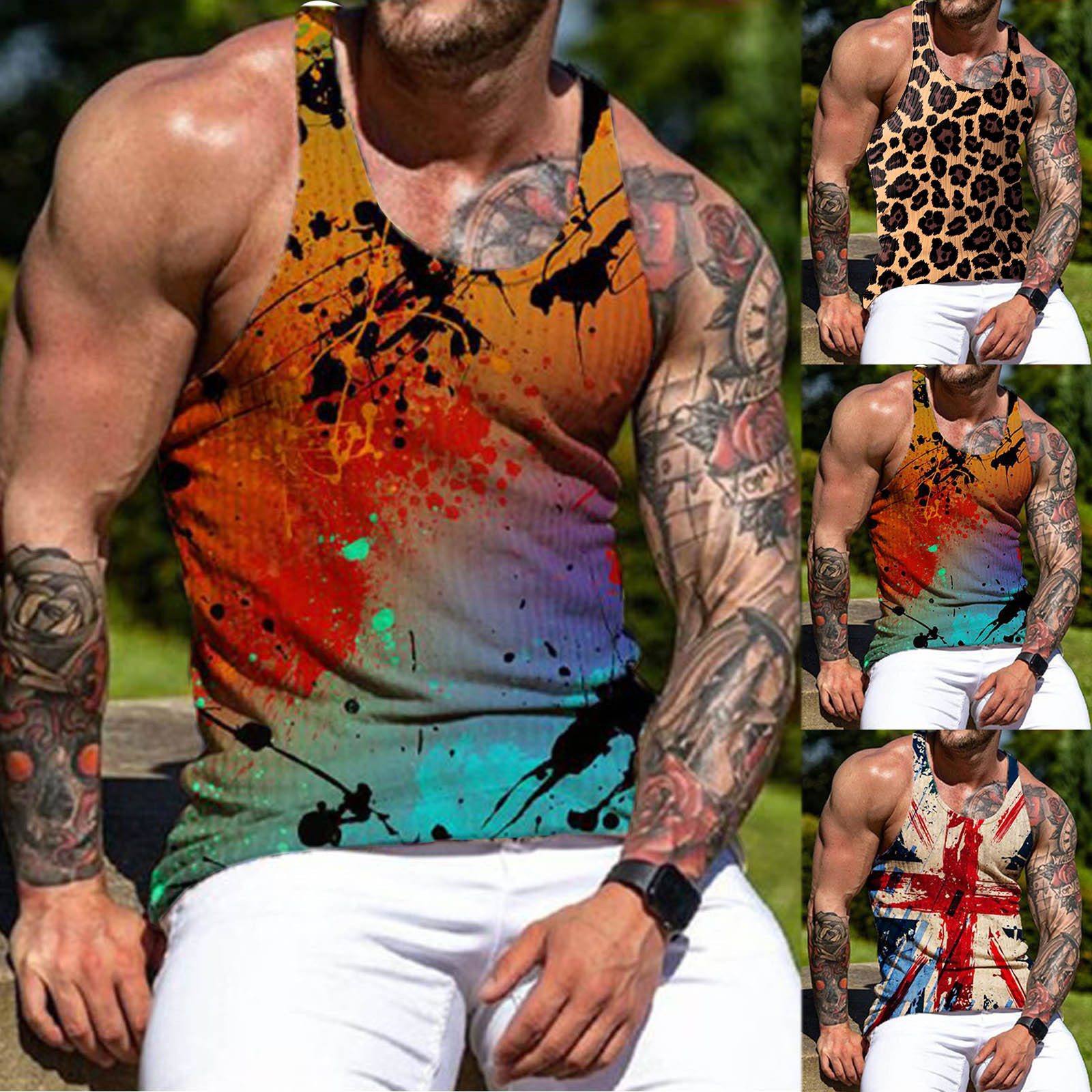 Cross Border 3D Printed Vest Leopard Print Tie Dye Summer Fashion Casual O Collar T-shirt Men's Fitness Clothes Bodybuilding Vest