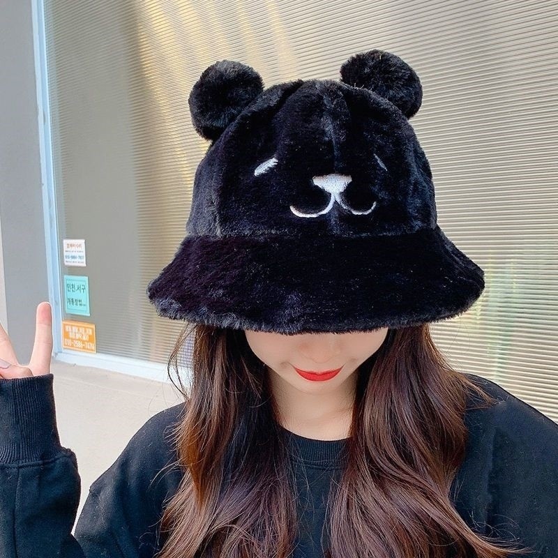 Autumn and Winter new hat female cute bear cartoon face-looking small fisherman hat versatile warm earmuffs plush basin hat