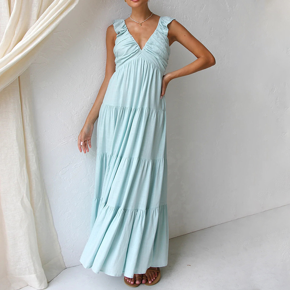 2024 spring and summer European and American cross-border V-neck sexy cotton linen sleeveless solid color lace strap holiday beach dress