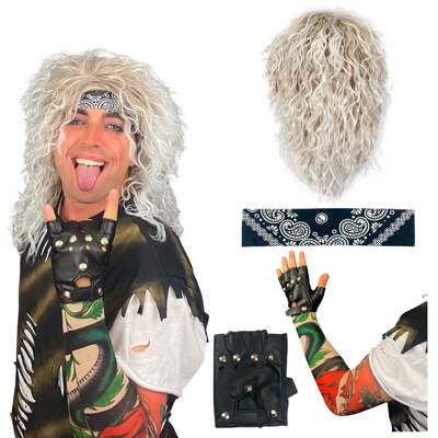 Hair metal rocker costume suit wig with paisley fabric headband, tattoo cover and cycling gloves