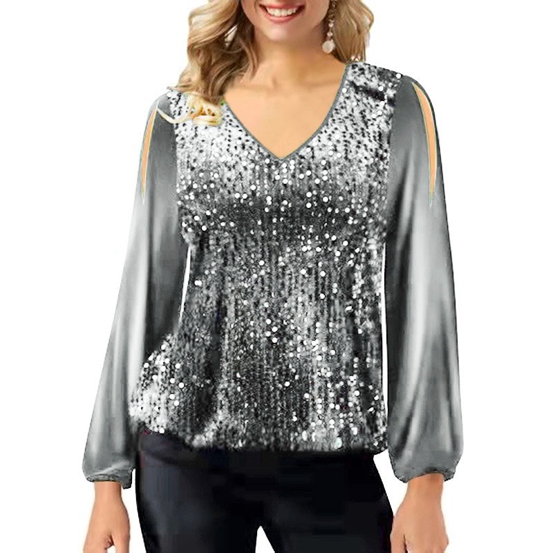  spring and summer European and American V-neck pullover tops with sequins and missing shoulders, fashionable lantern sleeves women's T-shirts