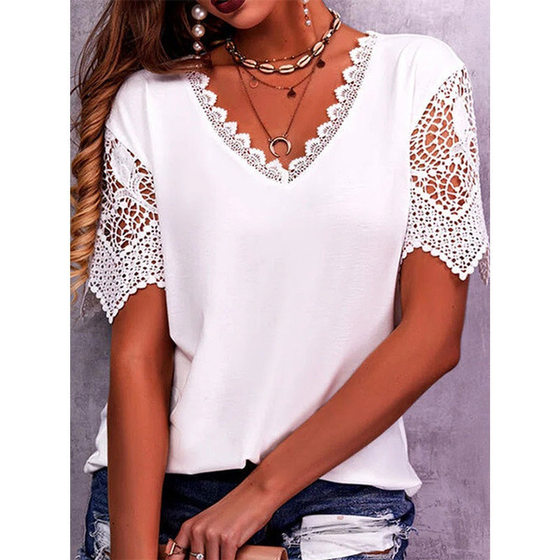 2023 European and American Foreign Trade Cross-border Women's T-shirt Amazon Explosive Lace Stitching Loose V-neck Short Sleeve T-shirt