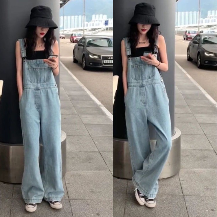 [Spot] Internet-famous floor-length pants spring and summer trousers Korean version of loose large size high waist wide leg jeans suspenders for women