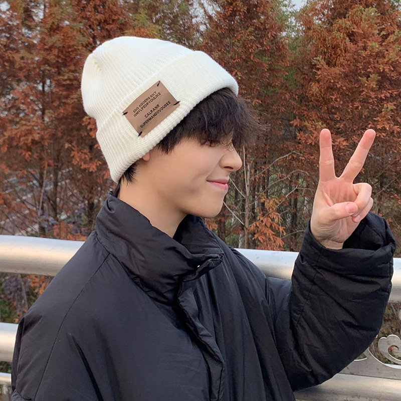 Hat Men's Winter Warm White Wool Hat Knitted Hat Big Head Cold Hat Men's Trendy Brand Fashion Trendy Handsome New