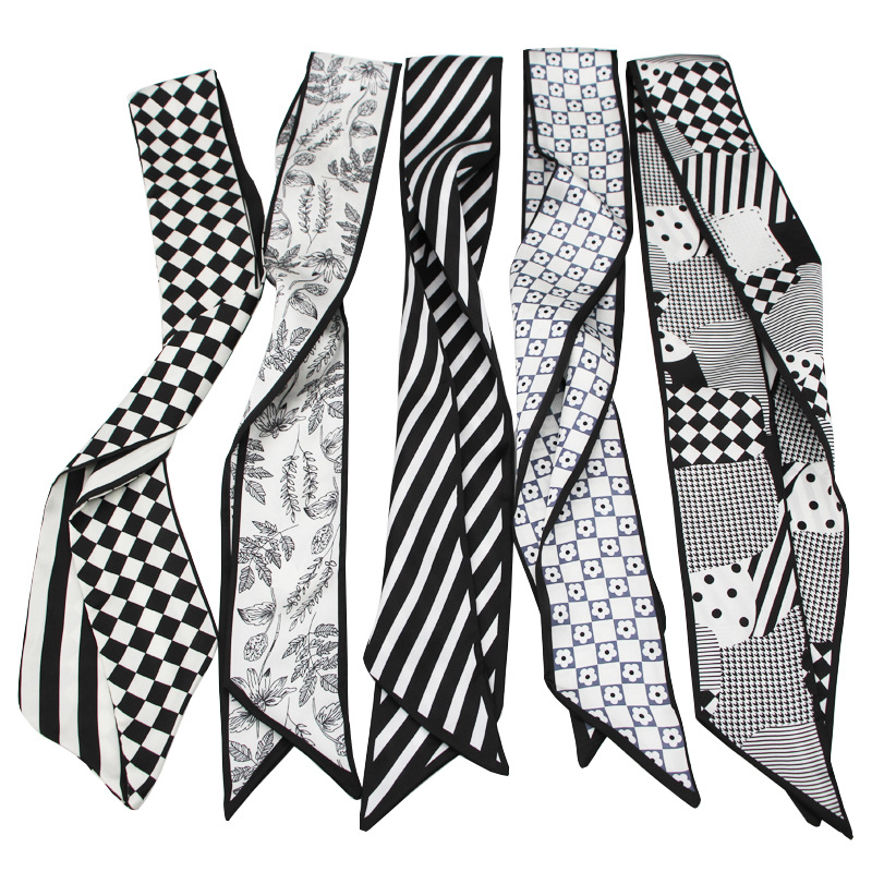 Satin Silk Long Tie Hair Band Bow Floral Letter Ribbon Tie Bag Accompanying Gift Small Silk Scarf Belt