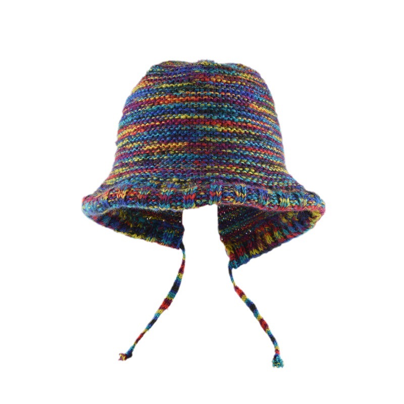 Live broadcast autumn and winter rainbow-colored striped ear protection woolen hat for women with face-showing small laces and contrasting color Baotou knitted hat