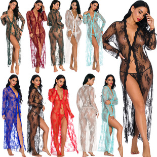 European and American sexy lingerie nightgown women's lace underwear cardigan long nightgown perspective pajamas Robe with thong