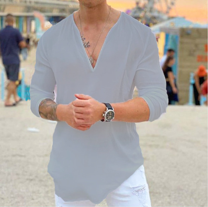 European and American Men's Amazon Independent Station New Fashion V-neck Casual Solid Color Men's Shirt 2023 Men's Solid Color Shirt