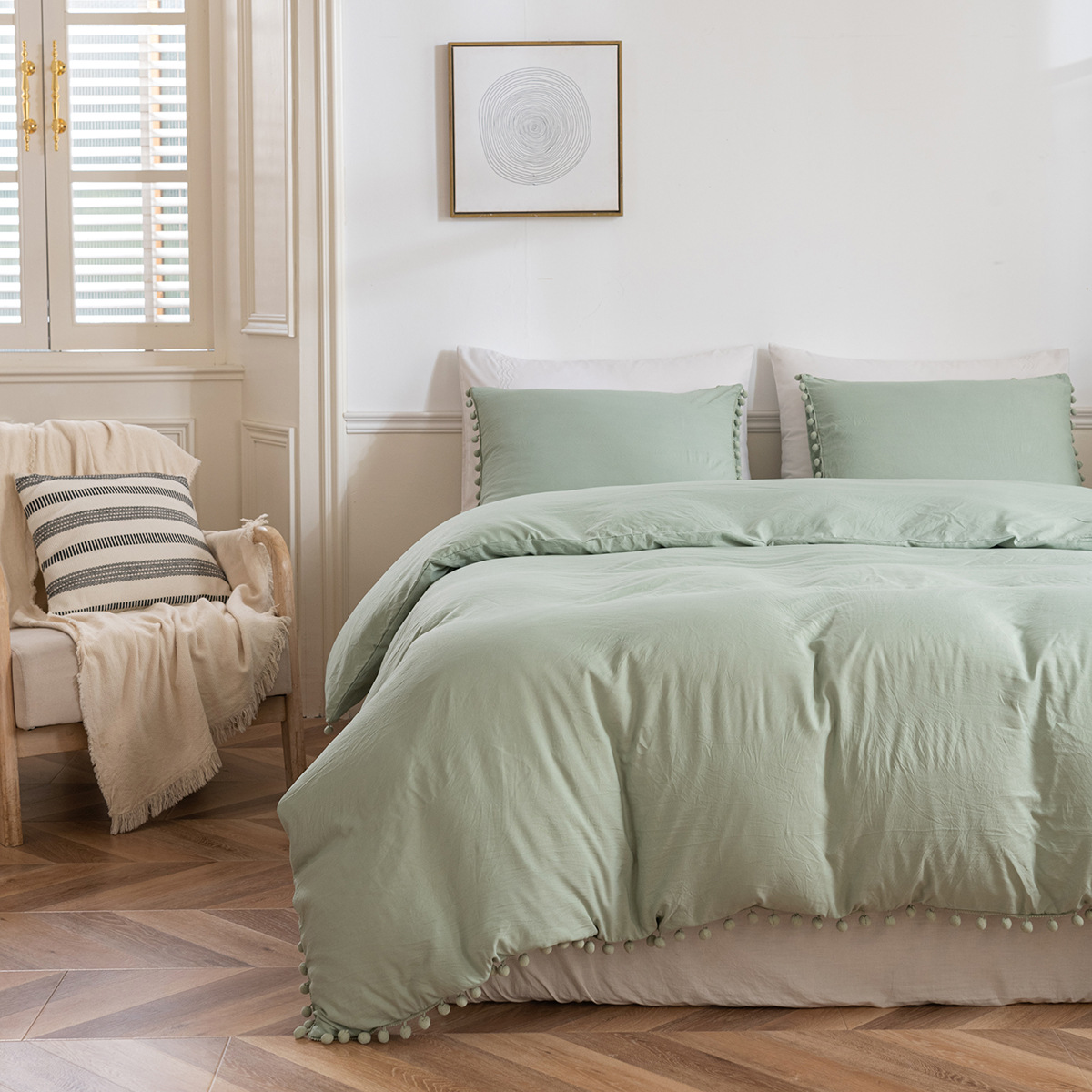 Cross-border Amazon Foreign Trade home textile supply three-piece bedding set solid color washed cotton ball quilt cover set