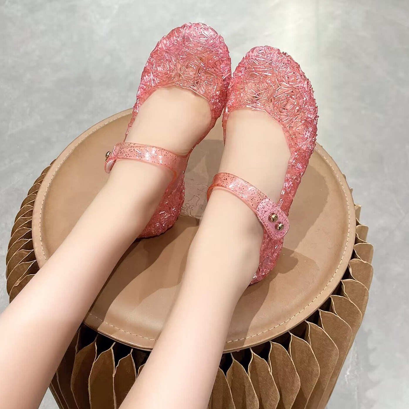 2024 new cross-border crystal jelly children's sandals summer princess shoes mid-high heel crystal baby girls' sandals