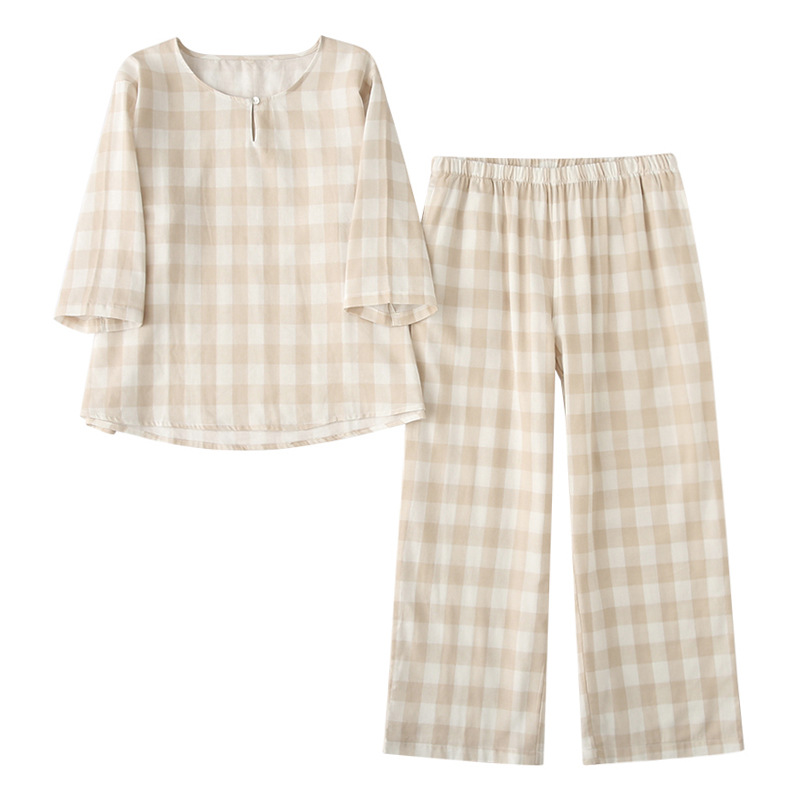 Spring Summer Autumn Women's Pure Cotton Pajamas Set Cotton Double Gauze Round Neck Pullover Plaid Loose Large Size Home Clothes