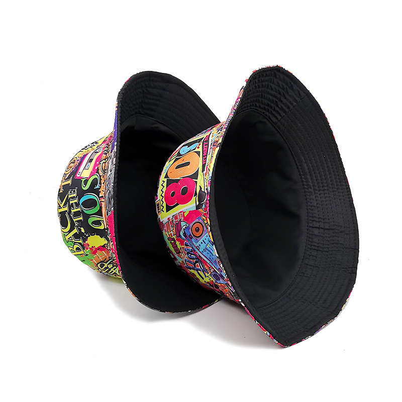 Chapeau de pêcheur à motif de ruban adhésif rétro nostalgique européen et américain des années 80 et 90 pour femme, chapeau de protection solaire d'extérieur double face pour printemps et été_voghion.com