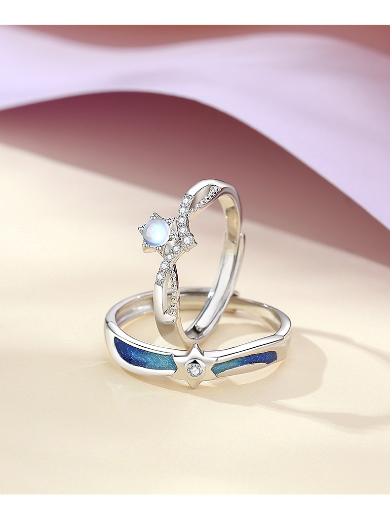 Design originale Incontra Starlight Couple Anello in argento sterling Anello coreano con pietra di luna Anello con zircone micro-intarsiato_voghion.com